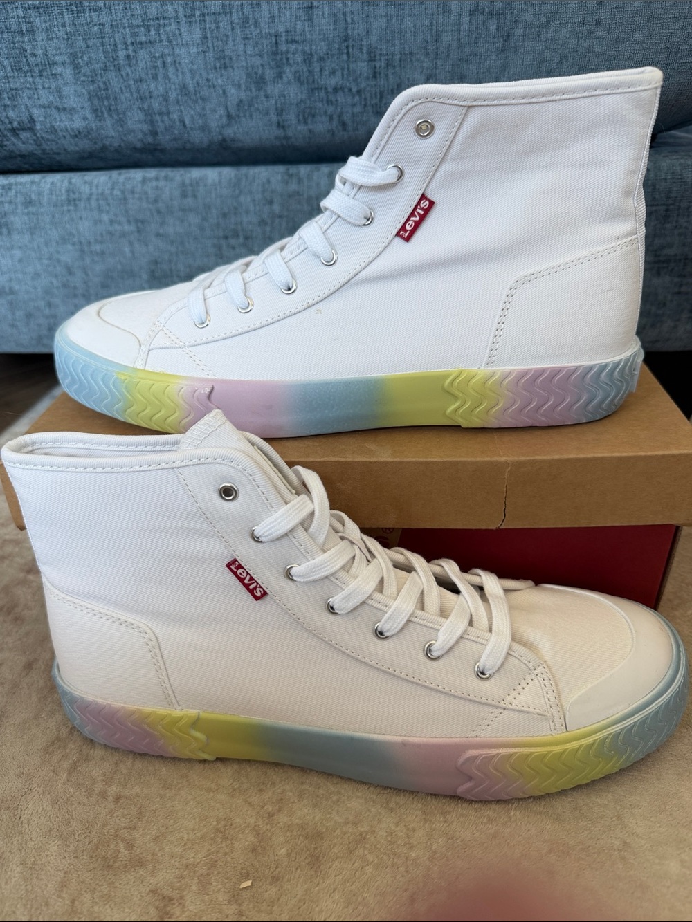 Levi's White High-Top Canvas Sneakers with Pastel Rainbow Sole